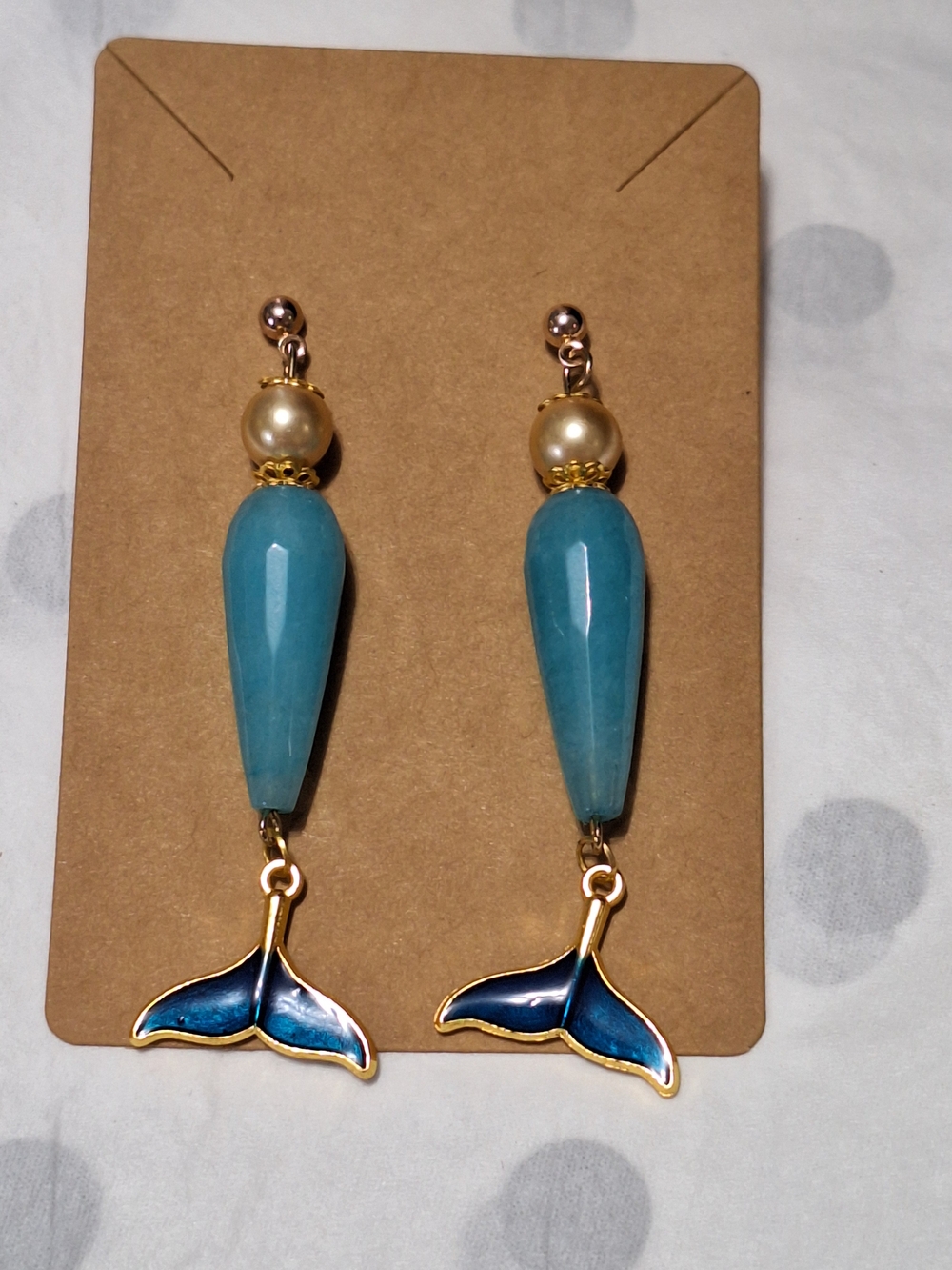 Gold and Aqua Mermaid Tail Drop Earrings with Pearl Accent